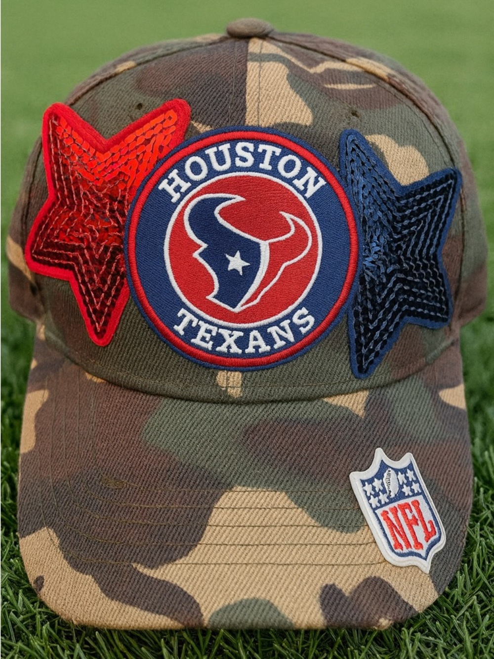 Houston Texans Camo Patch Baseball Cap Hat - Red & Blue Stars Sequin